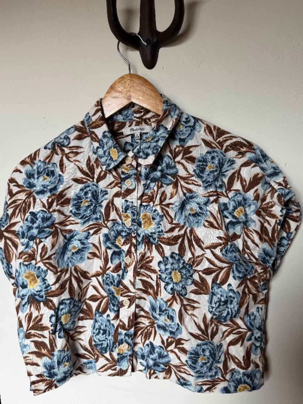 Madewell Blue Floral Cropped Button-Down Top